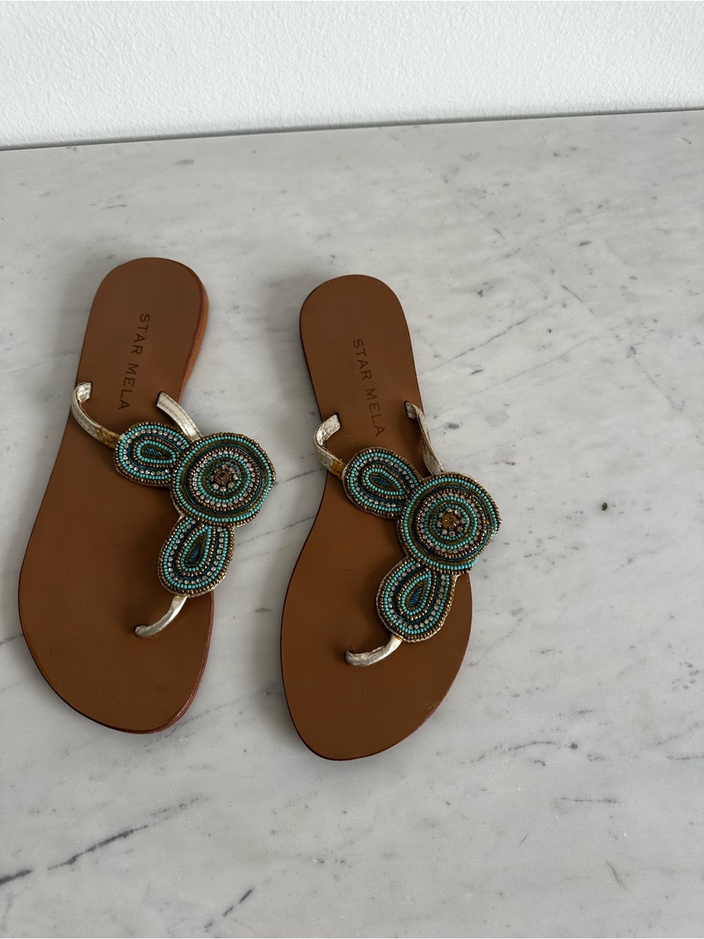 Star Mela Brown Sandals with Teal and Gold Beading
